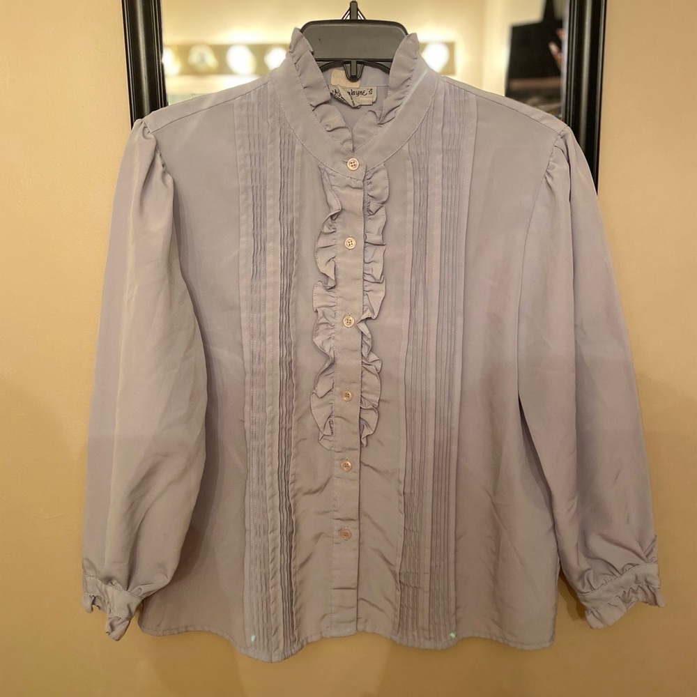 VICKI WAYNE'S Vintage Ruffle & Pleats Blue Blouse